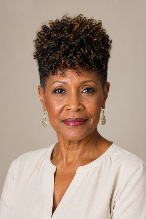 Confident older Black woman with natural gray curls in a stylish wash-and-go hairstyle, showcasing low-maintenance beauty and elegance