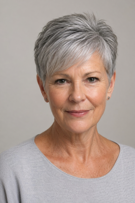 Hairstyles for women over 60 with bangs featuring layered bobs, pixie cuts, and soft fringes that flatter mature faces and fine hair