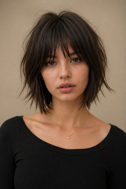 Short shaggy bob haircut with textured layers and effortless volume for modern women