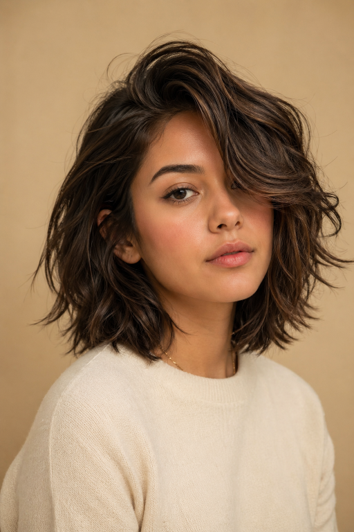 Short shag hairstyle with textured layers and modern volume for women