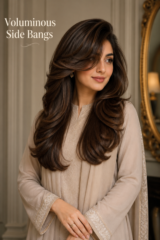 Bangs hairstyles for round faces featuring side-swept and curtain fringe that slim and frame soft facial features