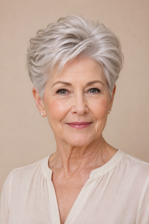 Short haircuts for women over 70 featuring layered pixie, soft bob, and easy low-maintenance styles for thinning hair