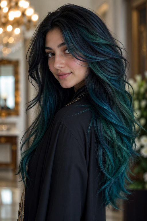 Blue balayage for brunettes featuring soft blended navy, teal, and pastel tones on long layered hair with natural dark roots and glossy finish
