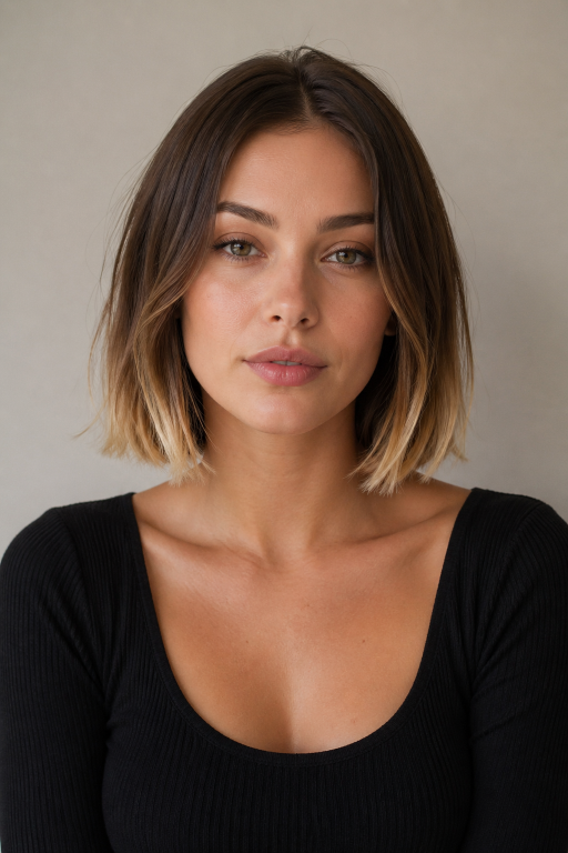 Brown and blonde balayage on short hair showcasing soft blended highlights, dimensional tones, and modern low-maintenance color for a natural, sun-kissed look