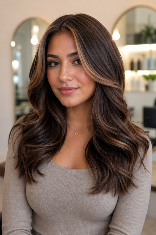 Brunette balayage with money piece highlighting face-framing strands for a bright, dimensional modern hair look