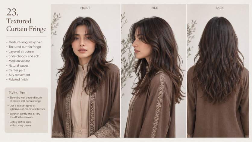 Bangs hairstyles for round faces featuring side-swept and curtain fringe that slim and frame soft facial features