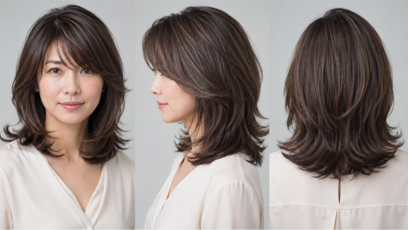 Thin fine hair makeover with soft layered bob and wispy bangs adding natural volume and face-framing shape
