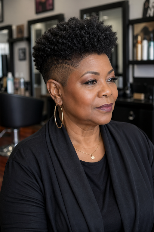 Confident older Black woman with natural gray curls in a stylish wash-and-go hairstyle, showcasing low-maintenance beauty and elegance