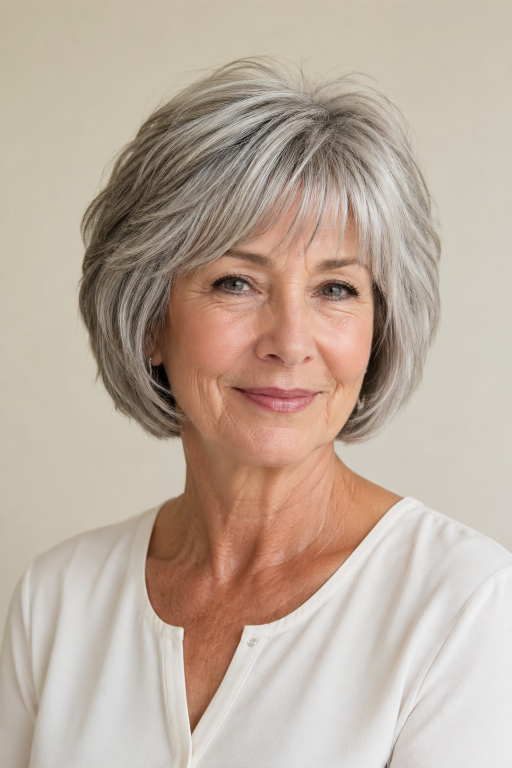 Hairstyles for women over 60 with bangs featuring layered bobs, pixie cuts, and soft fringes that flatter mature faces and fine hair