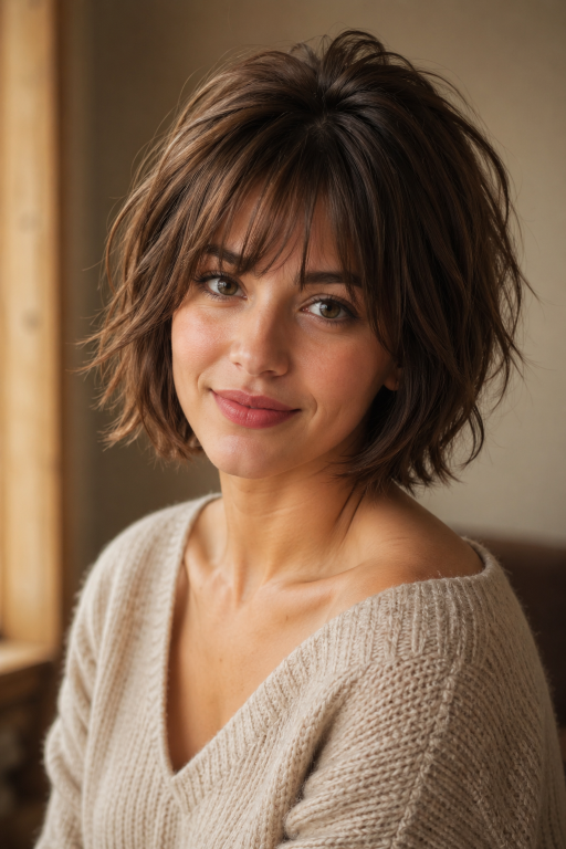 Short shaggy bob haircut with textured layers and effortless volume for modern women
