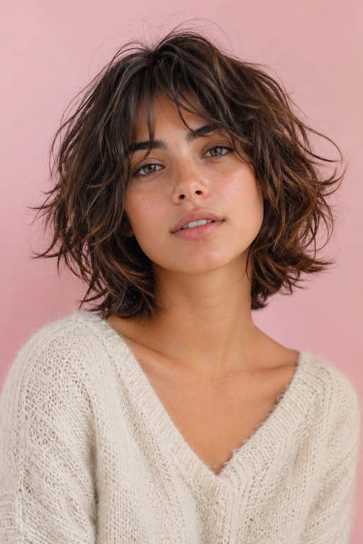 Short shag hairstyle with textured layers and modern volume for women