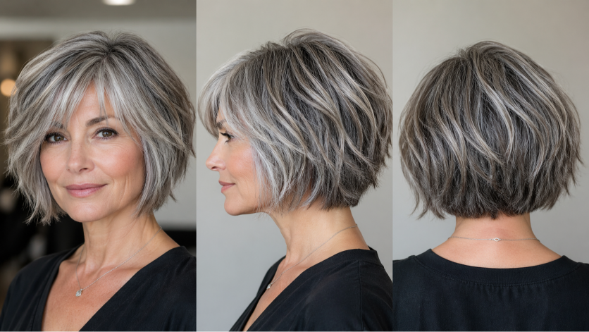 Choppy bob hairstyles for women over 60 showing layered, textured cuts that add volume and movement to aging hair