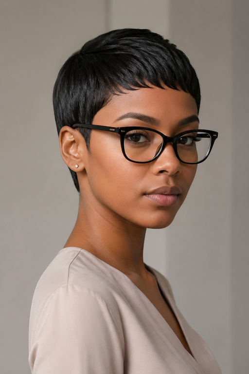 Short pixie haircut for women with glasses showing flattering modern styles for different face shapes
