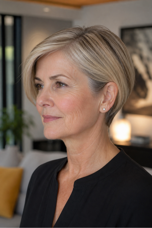 Hairstyles for women over 50 with thin fine hair showing layered bobs and pixie cuts that add volume and fullness