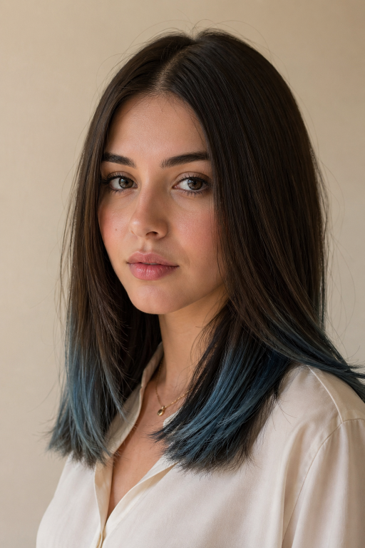 Blue balayage for brunettes featuring soft blended navy, teal, and pastel tones on long layered hair with natural dark roots and glossy finishBlue balayage for brunettes featuring soft blended navy, teal, and pastel tones on long layered hair with natural dark roots and glossy finish
