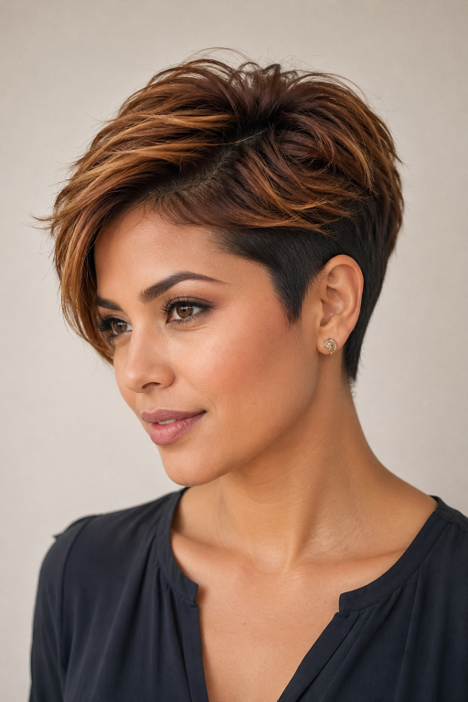 Caramel copper balayage on brunette hair with warm dimensional highlights and soft blended tones creating a natural sun-kissed look
