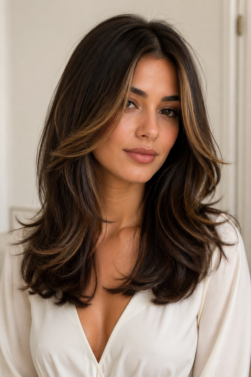 Brunette balayage with money piece highlighting face-framing strands for a bright, dimensional modern hair look