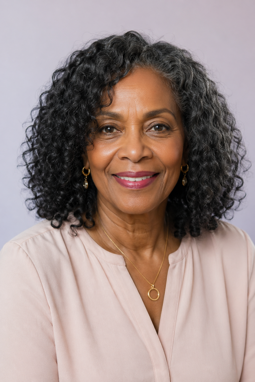 Confident older Black woman with natural gray curls in a stylish wash-and-go hairstyle, showcasing low-maintenance beauty and elegance