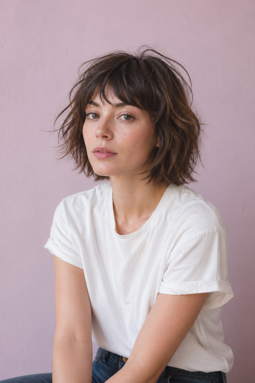 Short shaggy bob haircut with textured layers and effortless volume for modern women