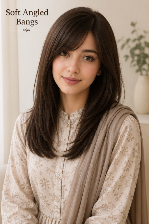 Bangs hairstyles for round faces featuring side-swept and curtain fringe that slim and frame soft facial features