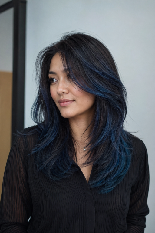Blue balayage for brunettes featuring soft blended navy, teal, and pastel tones on long layered hair with natural dark roots and glossy finish