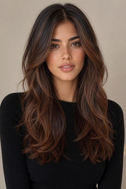 Caramel copper balayage on brunette hair with warm dimensional highlights and soft blended tones creating a natural sun-kissed look