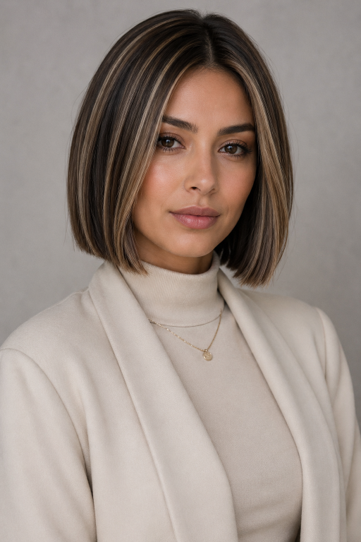 Brown and blonde balayage on short hair showcasing soft blended highlights, dimensional tones, and modern low-maintenance color for a natural, sun-kissed look