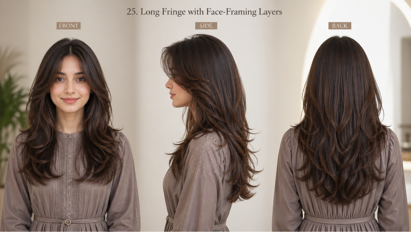Bangs hairstyles for round faces featuring side-swept and curtain fringe that slim and frame soft facial features