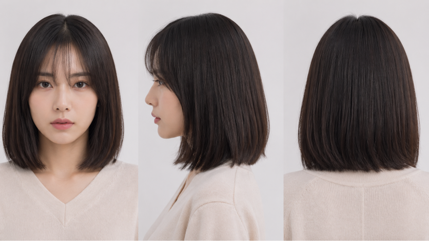 Thin fine hair makeover with soft layered bob and wispy bangs adding natural volume and face-framing shape