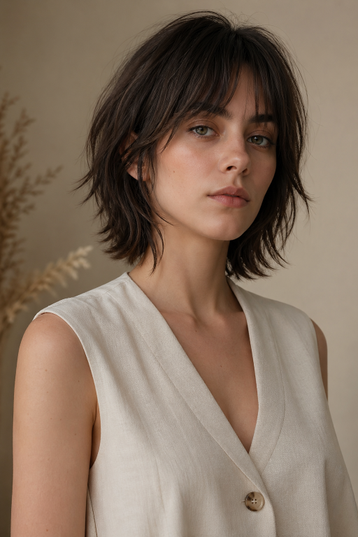 Short shag hairstyle with textured layers and modern volume for women