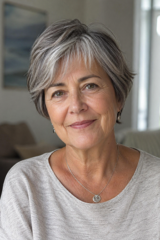 Elegant older woman (age 60+) with natural wrinkles and soft features showcasing a chic pixie bob haircut,