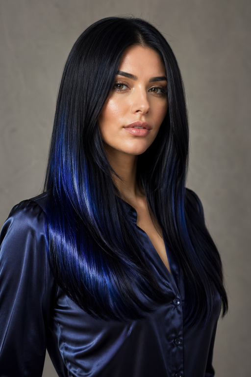 Blue balayage for brunettes featuring soft blended navy, teal, and pastel tones on long layered hair with natural dark roots and glossy finish