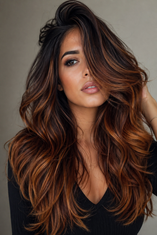 Caramel copper balayage on brunette hair with warm dimensional highlights and soft blended tones creating a natural sun-kissed look