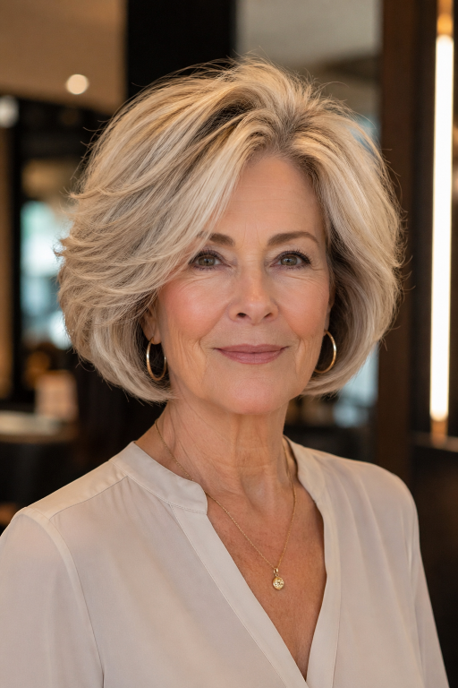 Choppy bob hairstyles for women over 60 showing layered, textured cuts that add volume and movement to aging hair