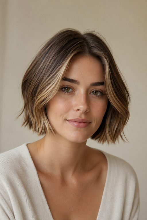Brown and blonde balayage on short hair showcasing soft blended highlights, dimensional tones, and modern low-maintenance color for a natural, sun-kissed look