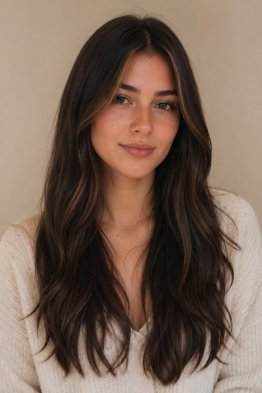 Brunette balayage with money piece highlighting face-framing strands for a bright, dimensional modern hair look