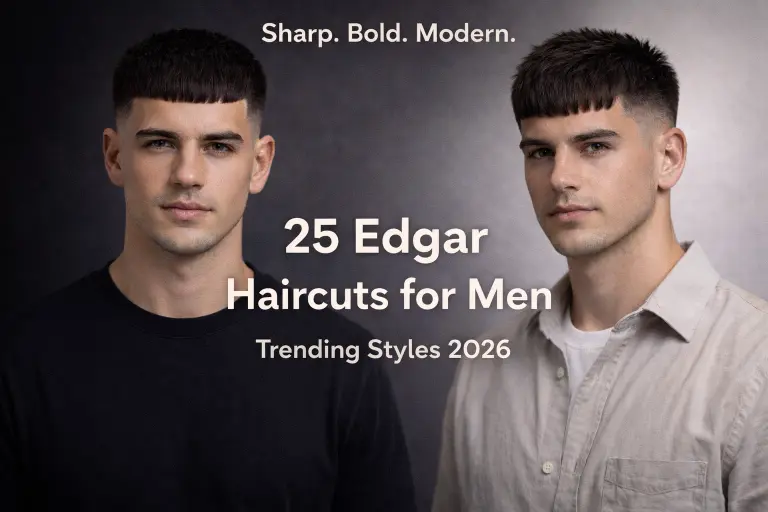 different Edgar haircuts for men showing fade variations, textured tops, and blunt fringe styles on various hair types