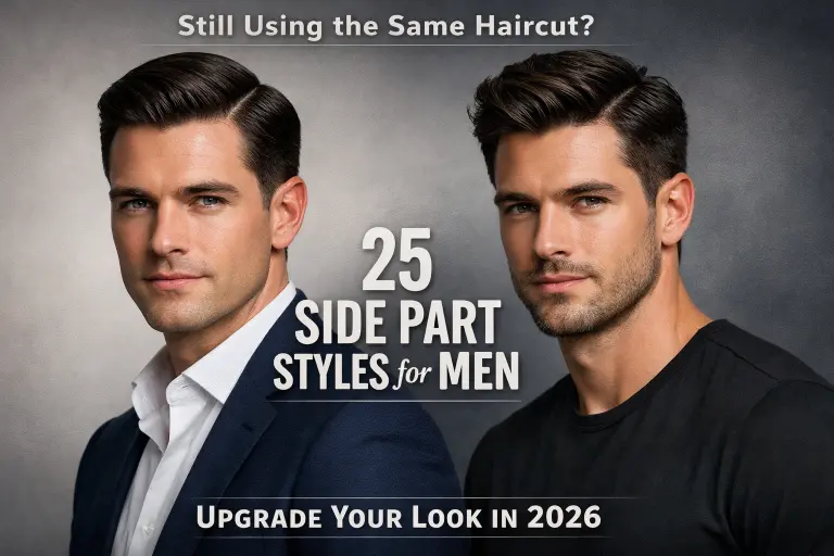 : A variety of side part haircuts for men featuring fades, undercuts, and textured styles on different hair types and lengths
