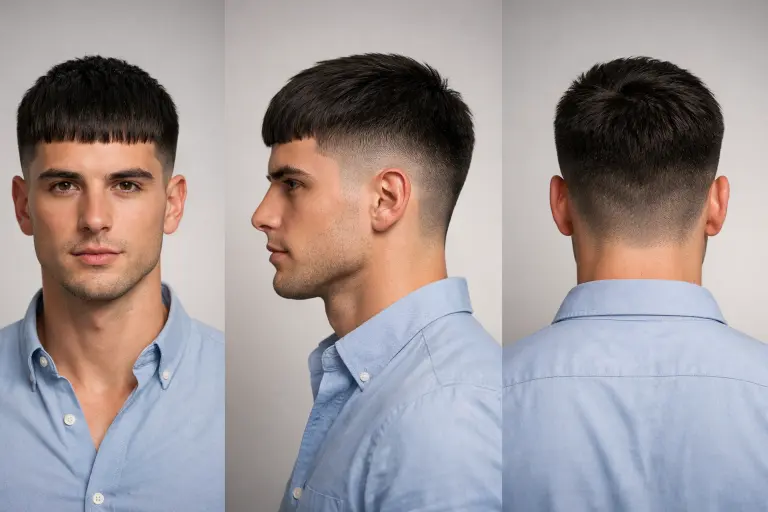 different Edgar haircuts for men showing fade variations, textured tops, and blunt fringe styles on various hair types