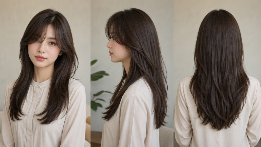 Bangs hairstyles for round faces featuring side-swept and curtain fringe that slim and frame soft facial features