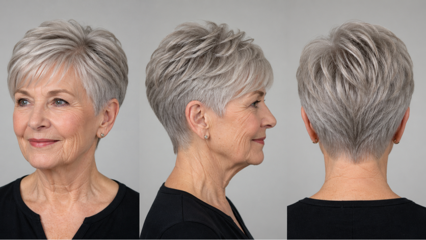 Elegant short and layered hairstyles for women over 80 showcasing soft volume, natural gray hair, and easy-to-maintain flattering cuts