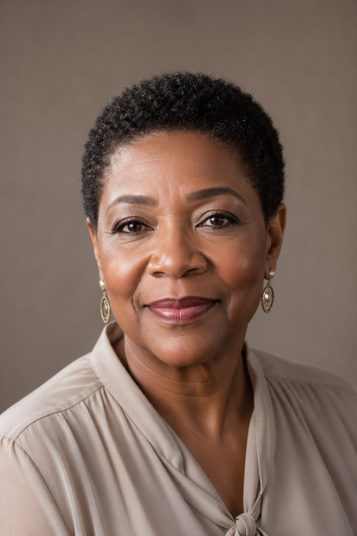 Confident older Black woman with natural gray curls in a stylish wash-and-go hairstyle, showcasing low-maintenance beauty and elegance