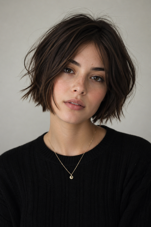 Short shaggy bob haircut with textured layers and effortless volume for modern women