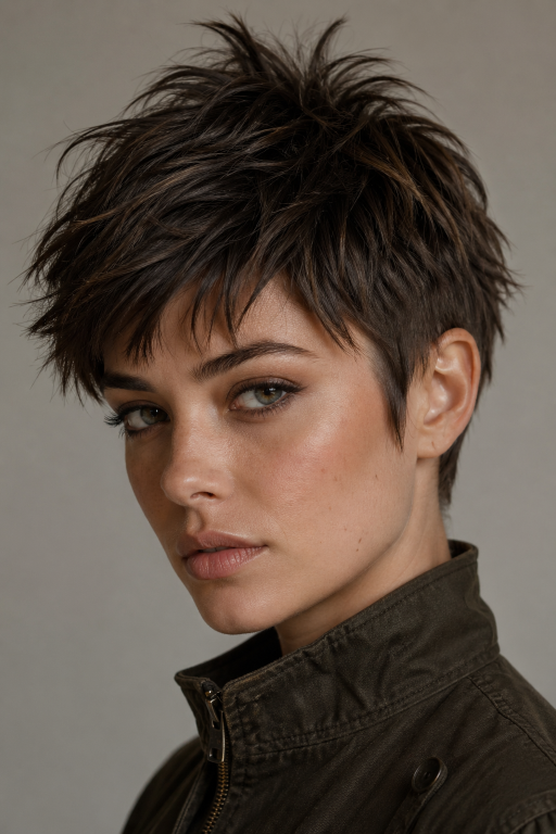 Short shag hairstyle with textured layers and modern volume for women