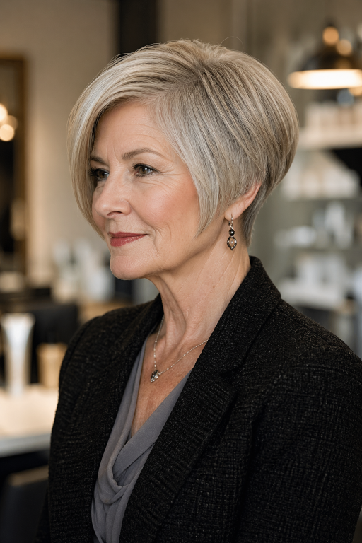 Elegant older woman (age 60+) with natural wrinkles and soft features showcasing a chic pixie bob haircut,