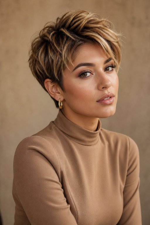 Brown and blonde balayage on short hair showcasing soft blended highlights, dimensional tones, and modern low-maintenance color for a natural, sun-kissed look