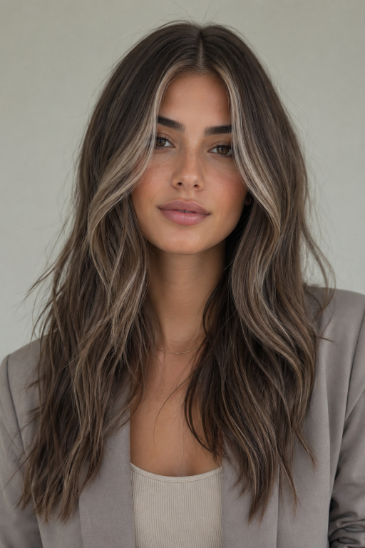 Brunette balayage with money piece highlighting face-framing strands for a bright, dimensional modern hair look