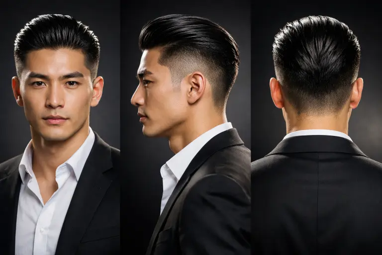 Mid taper fade with textured crop featuring short choppy layers and forward fringe on straight Asian hair adding movement and definition