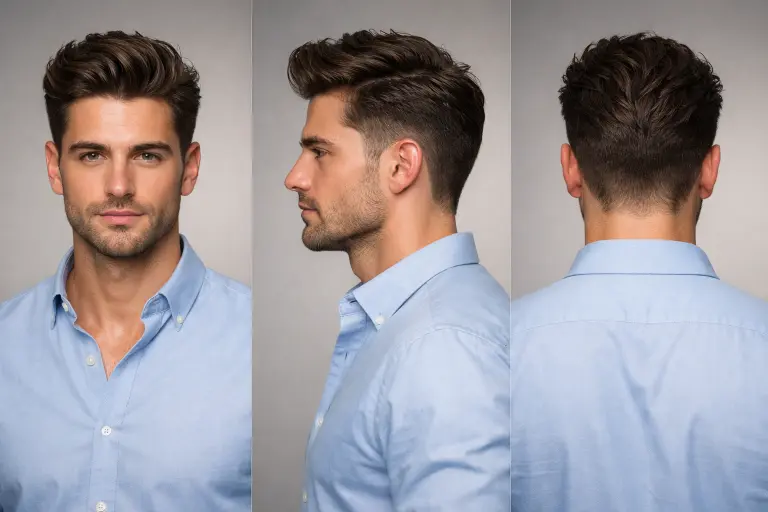 ALT 3: Low taper fade wavy hairstyle for men with voluminous wavy quiff styled upward and back