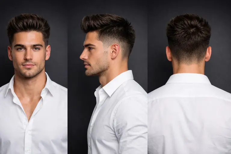 various blowout taper haircut styles for men showing different taper fades, hair lengths, and textures including curly, wavy, and straight hair with voluminous tops and clean sides
